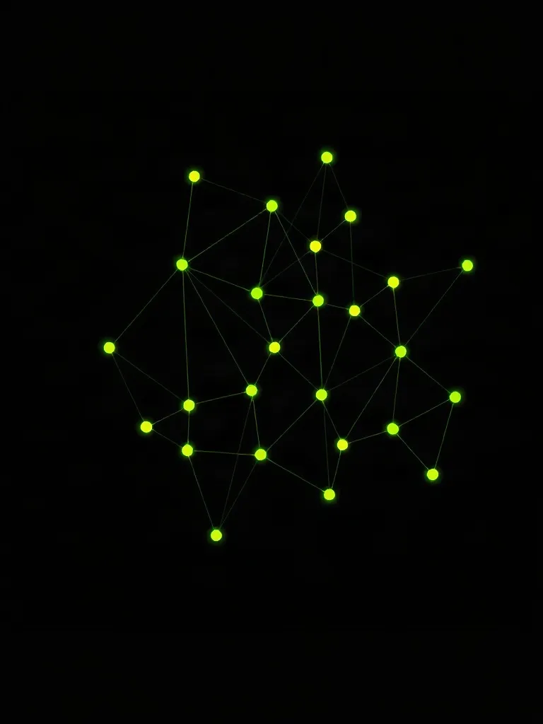 Diagrama abstracto de una red de nodos conectados sobre fondo negro